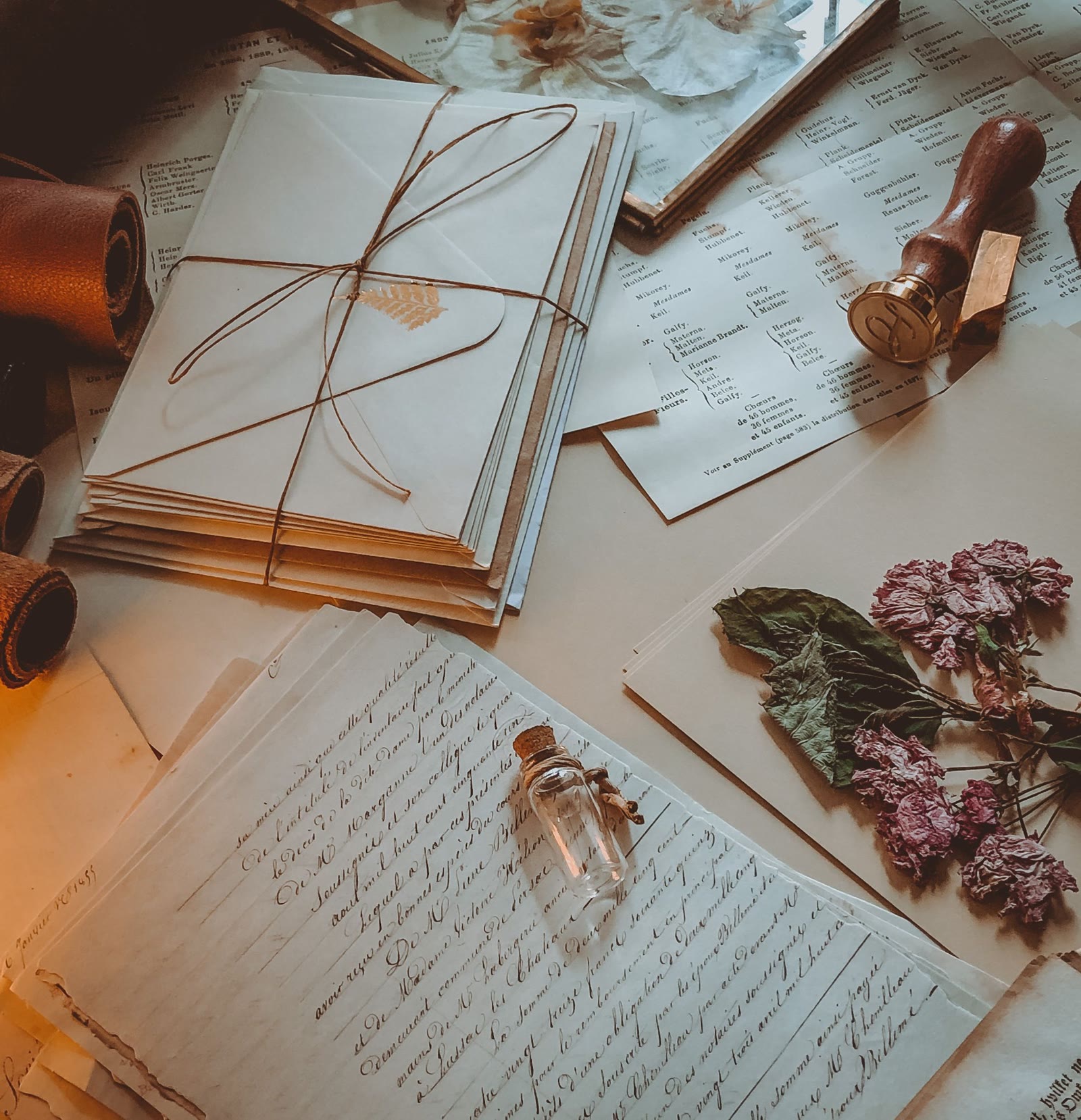 Flatlay of cream envelopes, prayer cards, Bible, and eucalyptus